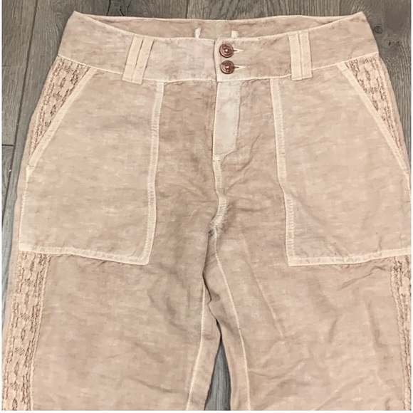 Sundance taupe side crochet lace detail linen blend pants size 6 - Picture 3 of 15